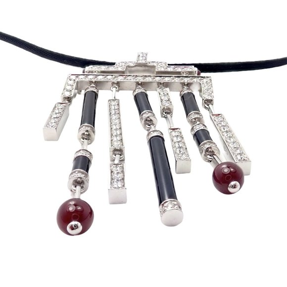 Cartier Le Baiser Du Dragon 18k White Gold Onyx Ruby Diamond Necklace w/ Paper - Picture 6 of 7